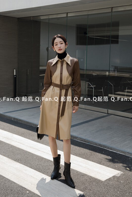 [Qifan] High-grade color contrast stitching leather lapel-breasted windbreaker (with belt) 80528# JHY