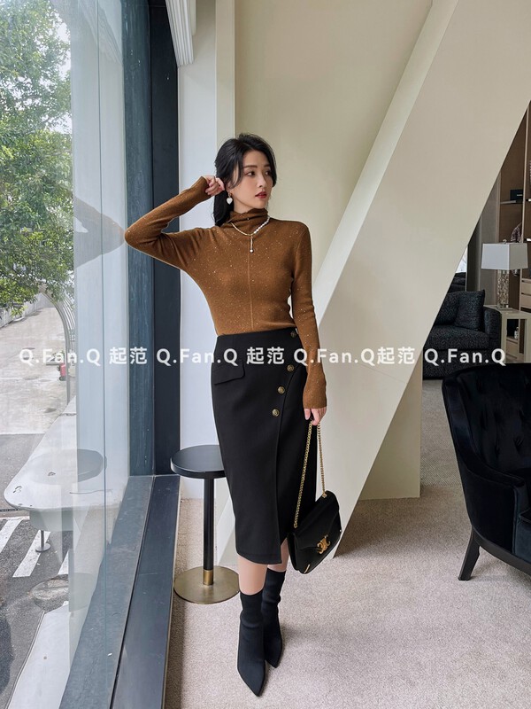 [Qifan] Solid color high waist irregular skirt 8107-1# JHY