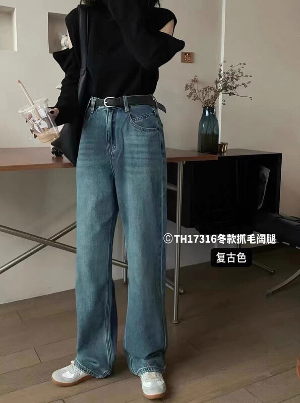 【T.H】Winter Korean style loose casual fleece wide-leg jeans 17316# LSW