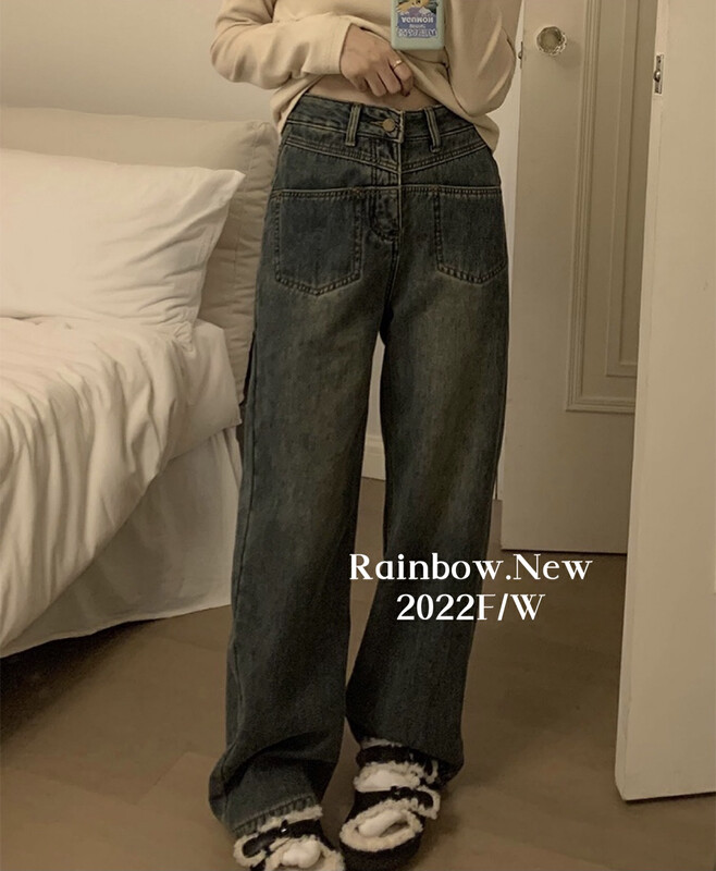 【RAINBOW】Retro dark plus velvet jeans jeans plus velvet straight jeans 2170
