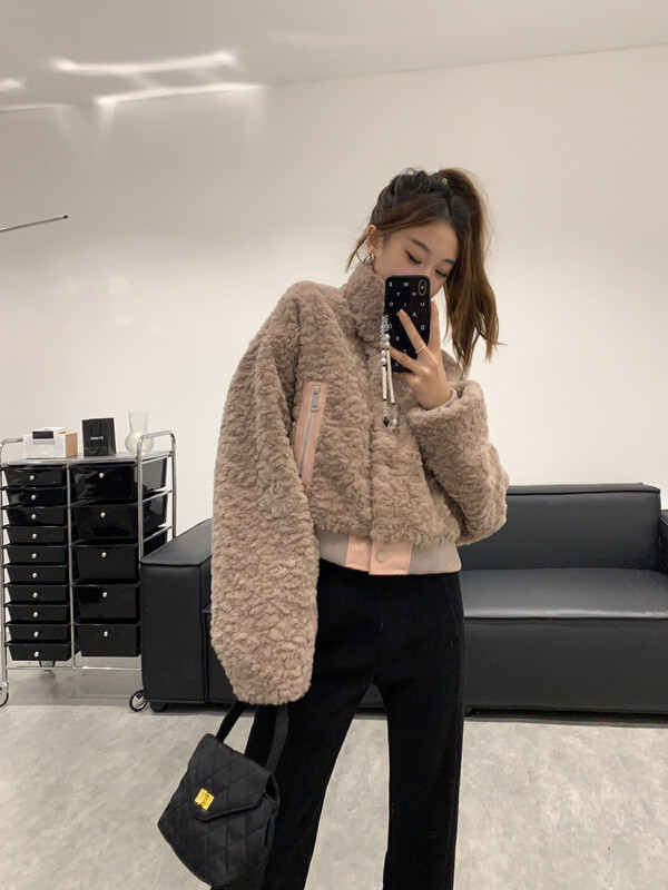 【VANESSA】Korean style stand-up collar single-breasted color matching comfortable short coat (with bib) 8981# OZQ