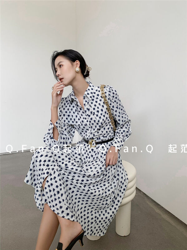 【Qi Fan】Fashionable floral shirt dress (without belt) 7585# XBL