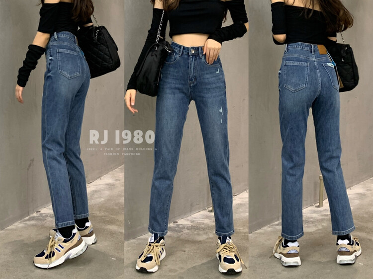 【1980】Winter new style flocking niche slit slim pipe jeans 65396