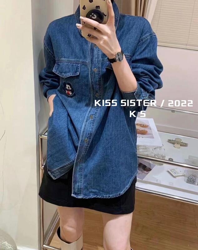 【KISS SISTER】Korean version of simple embroidery Mickey design plus velvet warm denim jacket shirt 22W1031