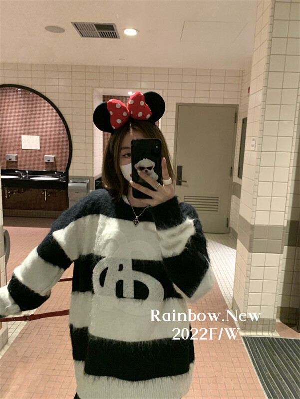[RAINBOW] American retro striped lazy sweater fashion round neck loose pullover 2260