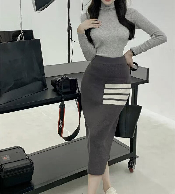 [Huaxi] High waist solid color striped skirt 1118# PCZ