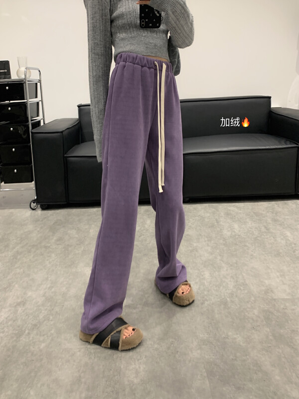【VANESSA】Custom texture pit velvet rubber band waist straight plus velvet casual pants 8971# OZQ