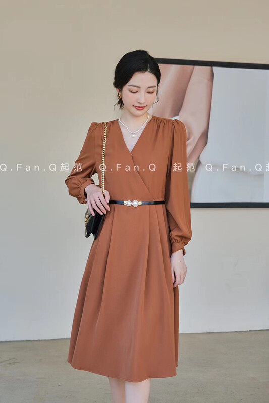 Original price 153.28! 【Qifan】French temperament elegant waist v-neck mid-length dress 80238-1# JHY
