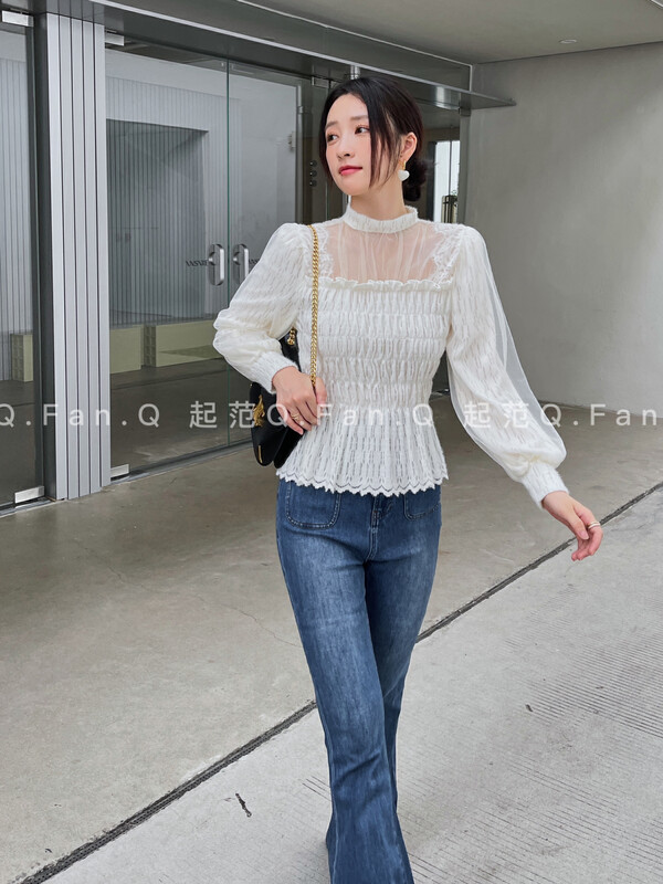 [Qifan] plus velvet lace splicing mesh heavy industry shirt 80359-1# JHY