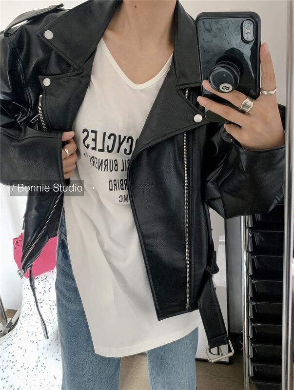 [BONNIE] Loose V-neck letter print long-sleeved T-shirt 2689# XJ