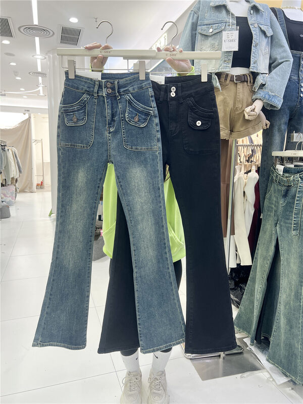 【U.SHE】High-waisted micro flared fleece retro jeans 98239# JJ