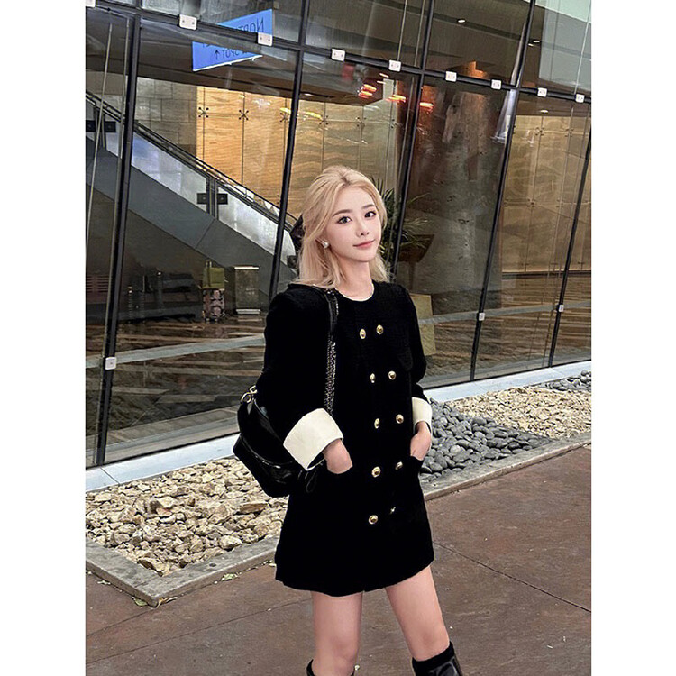 【X·H STUDIO】Hepburn-style tweed double-breasted dress 09106# OZQ