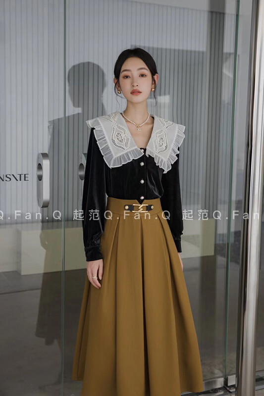 [Qi Fan] Korean gold velvet fabric heavy industry craft collar generous all-match shirt 80535# JHY