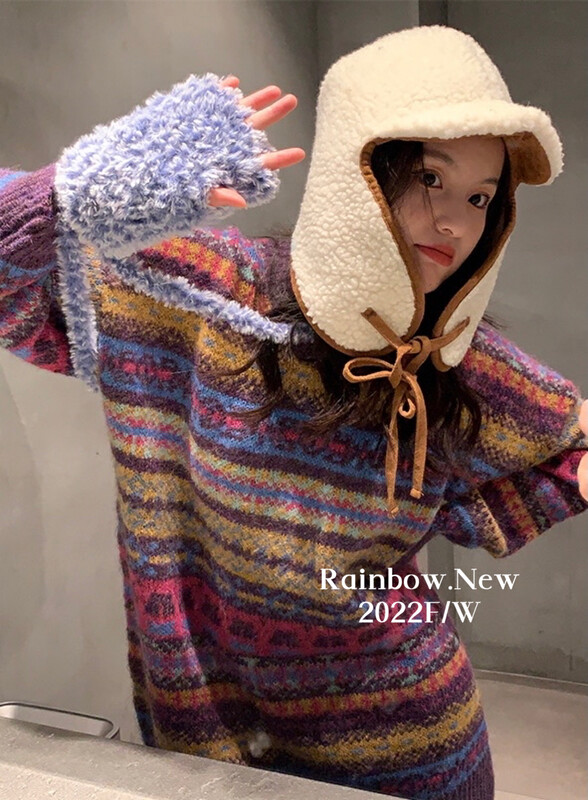 【RAINBOW】Retro jacquard loose all-match sweater fashion long-sleeved round neck sweater 8739