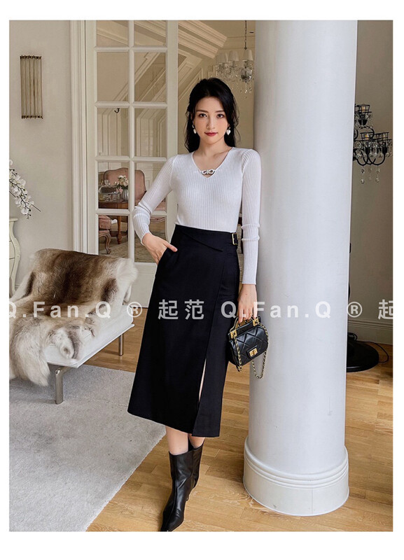 【Qi Fan】Simple side slit all-match skirt for commuting 8116# JHY