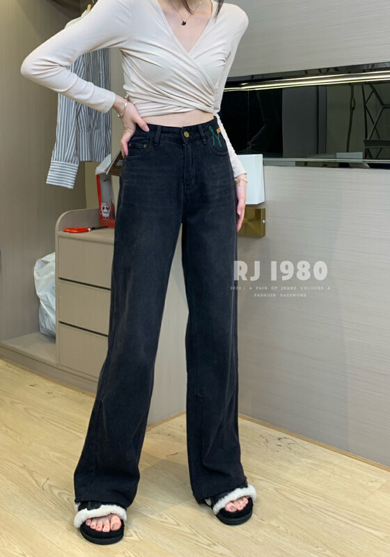 【1980】Winter new velvet warm drag straight wide-leg jeans 63618-1