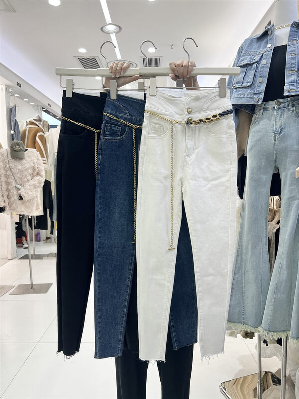 【U.SHE】Korean style high-waisted jeans with fleece (without belt) 88632# JJ