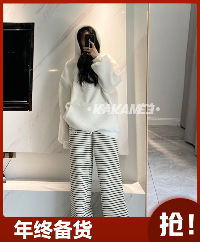 [KAKAMEE] 2022 new trendy brand embroidery thickened warm lamb fleece hooded sweater loose casual all-match S829