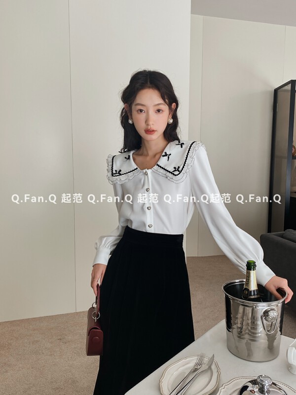 [Qi Fan] Autumn and winter new embroidered doll collar long-sleeved commuter temperament shirt 80523# JHY