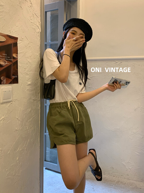 [ONIVINTAGE Oni] solid color all-match lace-up casual shorts OW224N5438# CQW