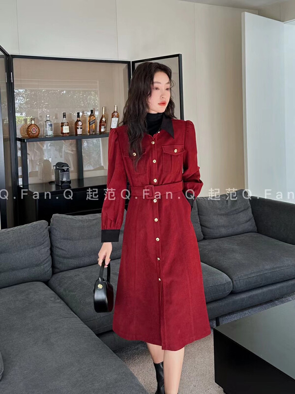 [Qifan] Stitching simple and thickened dress (with belt) 80563# JHY