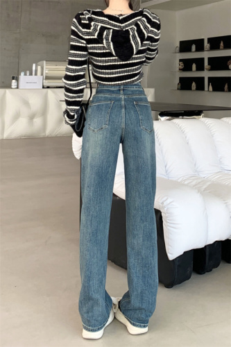 Real price real shot high waist blue loose jeans straight leg pants mopping pants trousers women