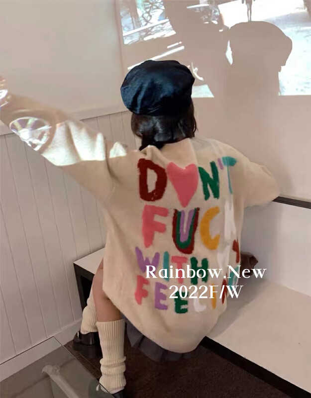 [RAINBOW] Lazy wind colorful letter happy planet sweater loose round neck sweater 1206-
