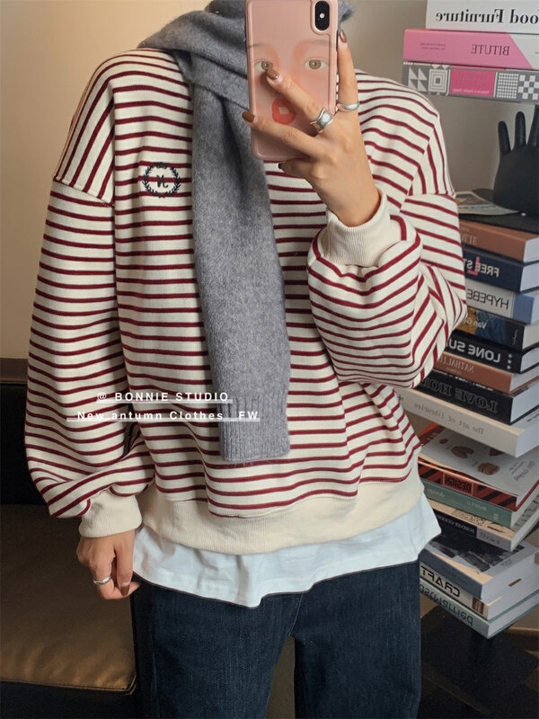 【BONNIE】Fake two-piece fleece striped sweater 2673# XJ