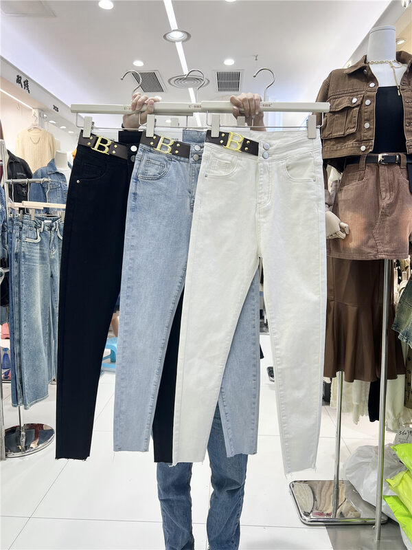 【U.SHE】Fleece jeans with high waist and slim feet 88651# JJ