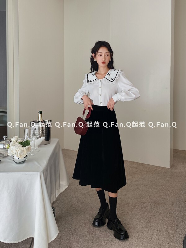 【Qi Fan】Simple temperament and slim big swing umbrella skirt gold velvet skirt 8103-1# JHY