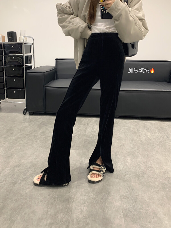 [VANESSA] Pit strip pit velvet side slit small straight slit casual pants 8931# OZQ
