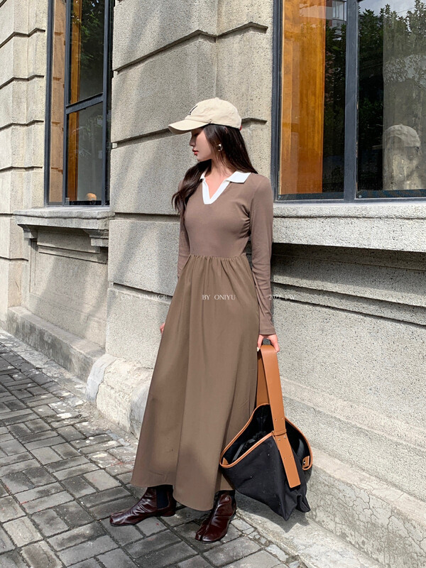 Original price 97.99! [ONIVINTAGE Ouni] Contrasting color polo collar knitted temperament long skirt dress OL226O6481