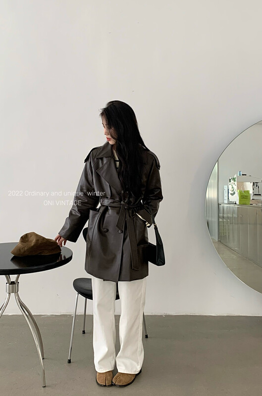 Original price 303.99! 【ONIVINTAGE】Textured mid-length leather jacket with down cotton leather jacket (with waist rope) OH228U6855