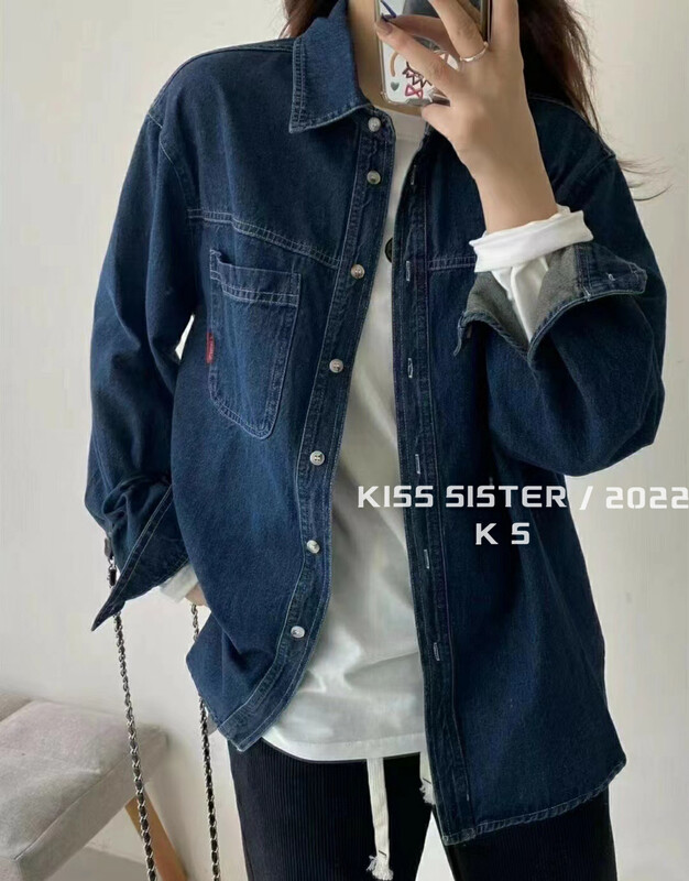 [KISS SISTER] Korean version of the all-match back open line design plus fleece denim jacket shirt 22W1025