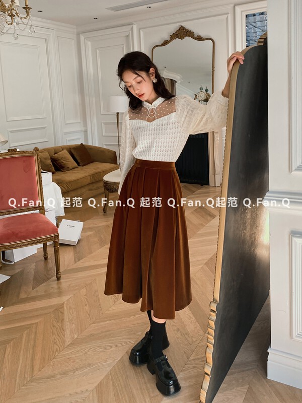 [Qi Fan] Velvet High Waist Swing Skirt 8100-1# JHY