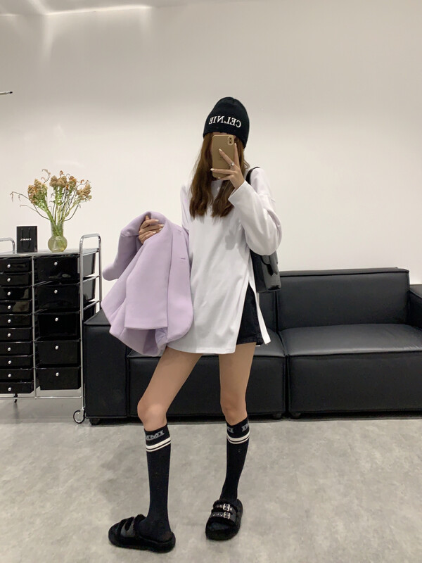 [VANESSA] design double slit all-match brushed mid-length long-sleeved T-shirt 8556# OZQ