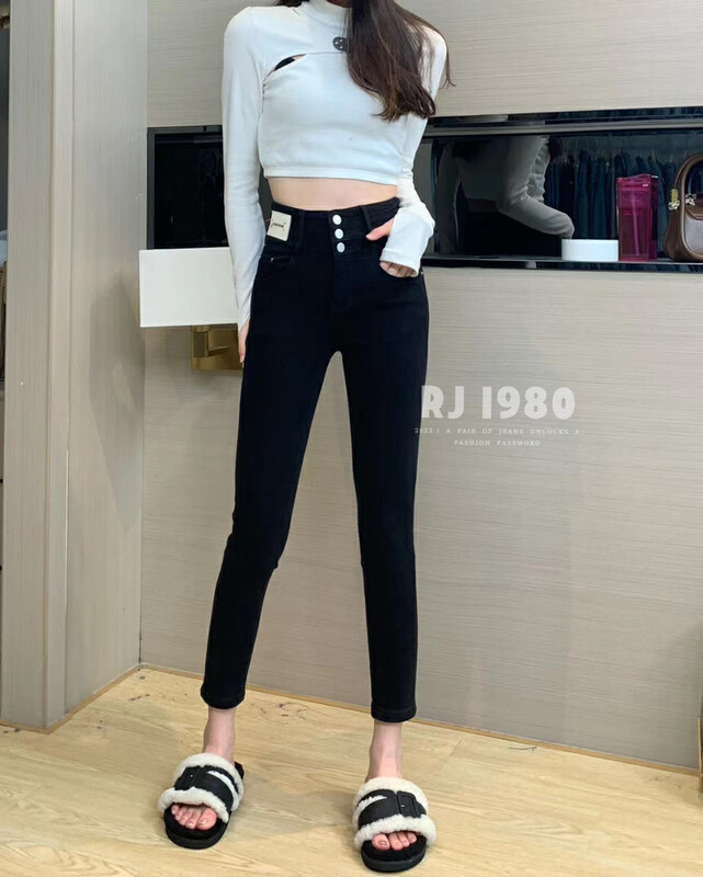 【1980】Winter new style plus velvet warm high-waist elastic skinny jeans 70805-1