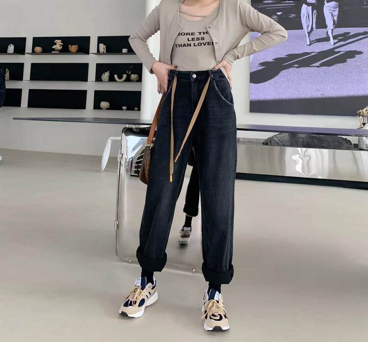 【1980】Fashionable personalized waist flocked wide-leg jeans (with waist rope) 2W63587-2