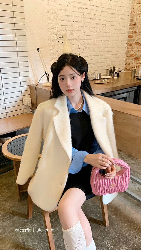 【X·H STUDIO】Slanted placket white soft waxy suit collar all-match warm coat 1062# OZQ