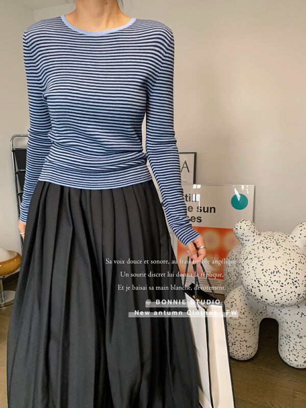 【BONNIE】Classic round neck striped sweater 2705# XJ