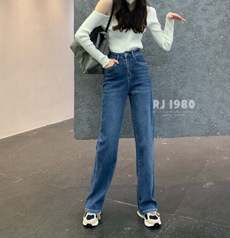 【1980】Winter new fleece warm wash color matching wide-leg straight jeans 2W65303-1