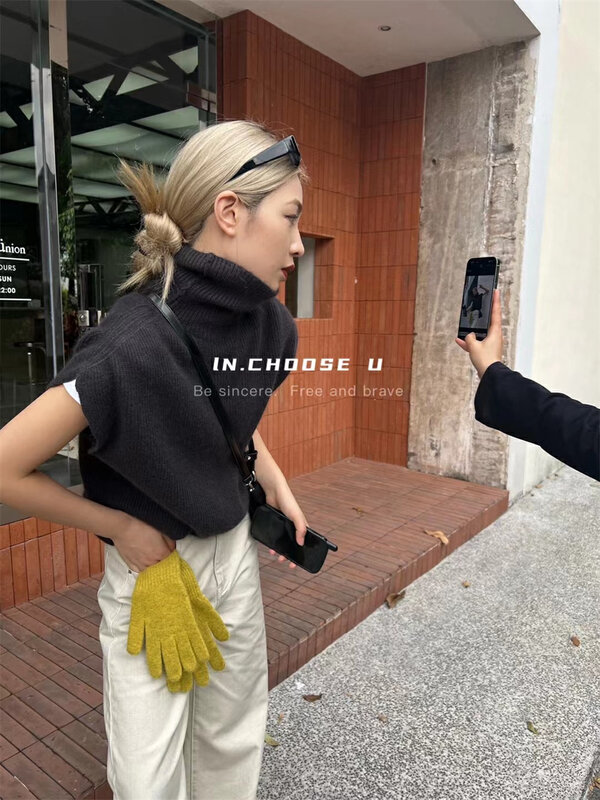 【IN.CHOOSE U】Pure color all-match turtleneck short-sleeved sweater 66369# CQW