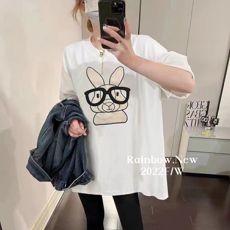 [RAINBOW] danpin single product plus velvet T short-sleeved T-shirt embroidery loose and versatile western style large version 66007-ysl
