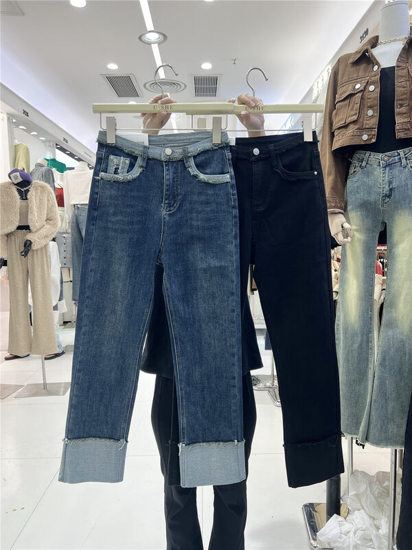 【U.SHE】Fleece jeans with contrasting colors and cuffs 26238# JJ