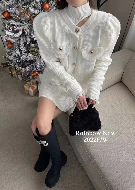 【RAINBOW】Winter new Korean style small fragrant wind fringe sweater suit coat knit bag hip skirt two-piece set 2282