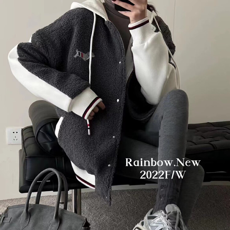 【RAINBOW】Granular velvet splicing hooded furry short jacket color matching sports jacket 09177