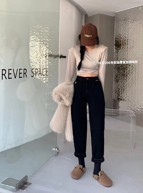 【T.H】Korean style foreign style loose plus fleece comfortable jeans 17298# LSW