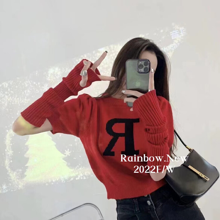 [RAINBOW] round leader sleeve puff sleeve letter sweater design sense loose all-match top 2953