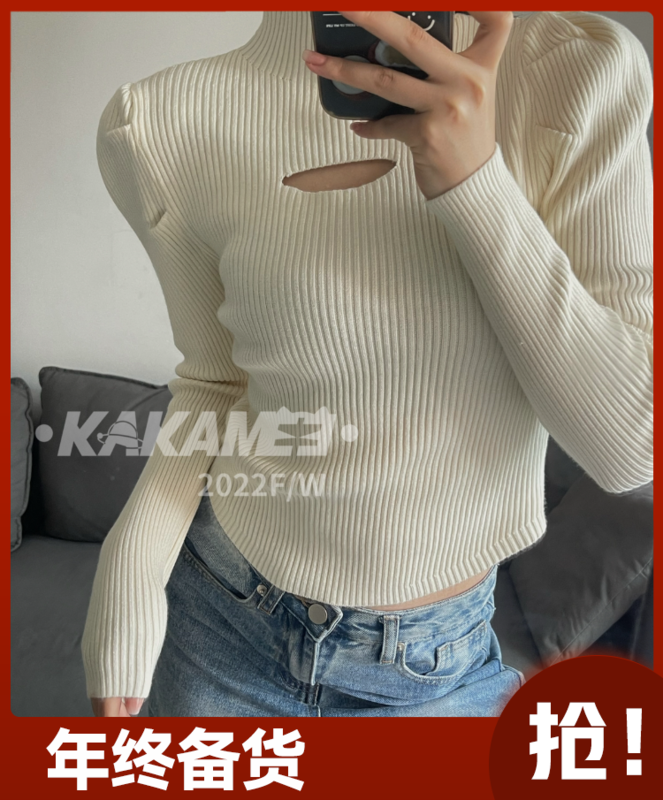 【KAKAMEE】Korean half-high collar hollow bubble princess sleeve temperament slim sweater slim and versatile solid color bottoming shirt B072-1