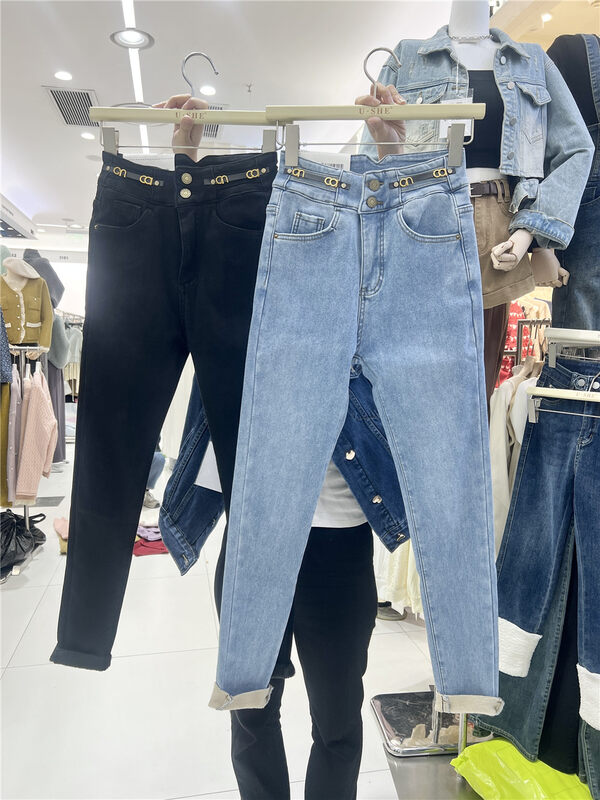 【U.SHE】High waist and small feet look thin plus fleece jeans 11125# JJ